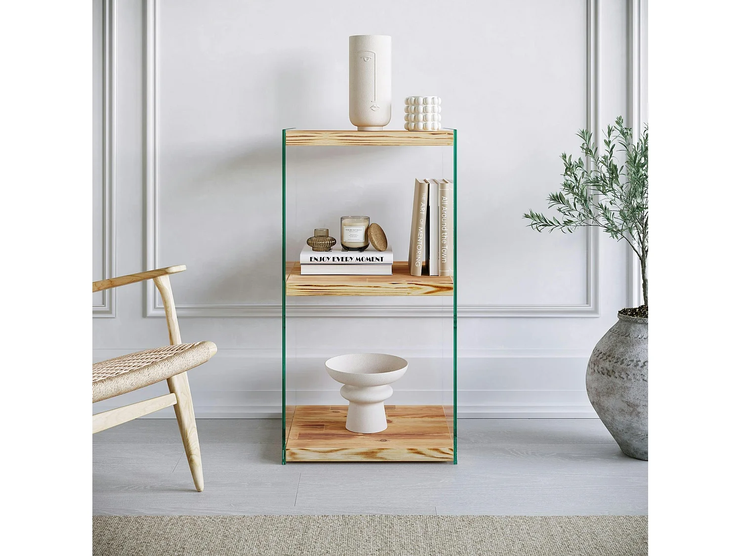 Colonne vitrine design - bois clair, 3 plateaux LHASA