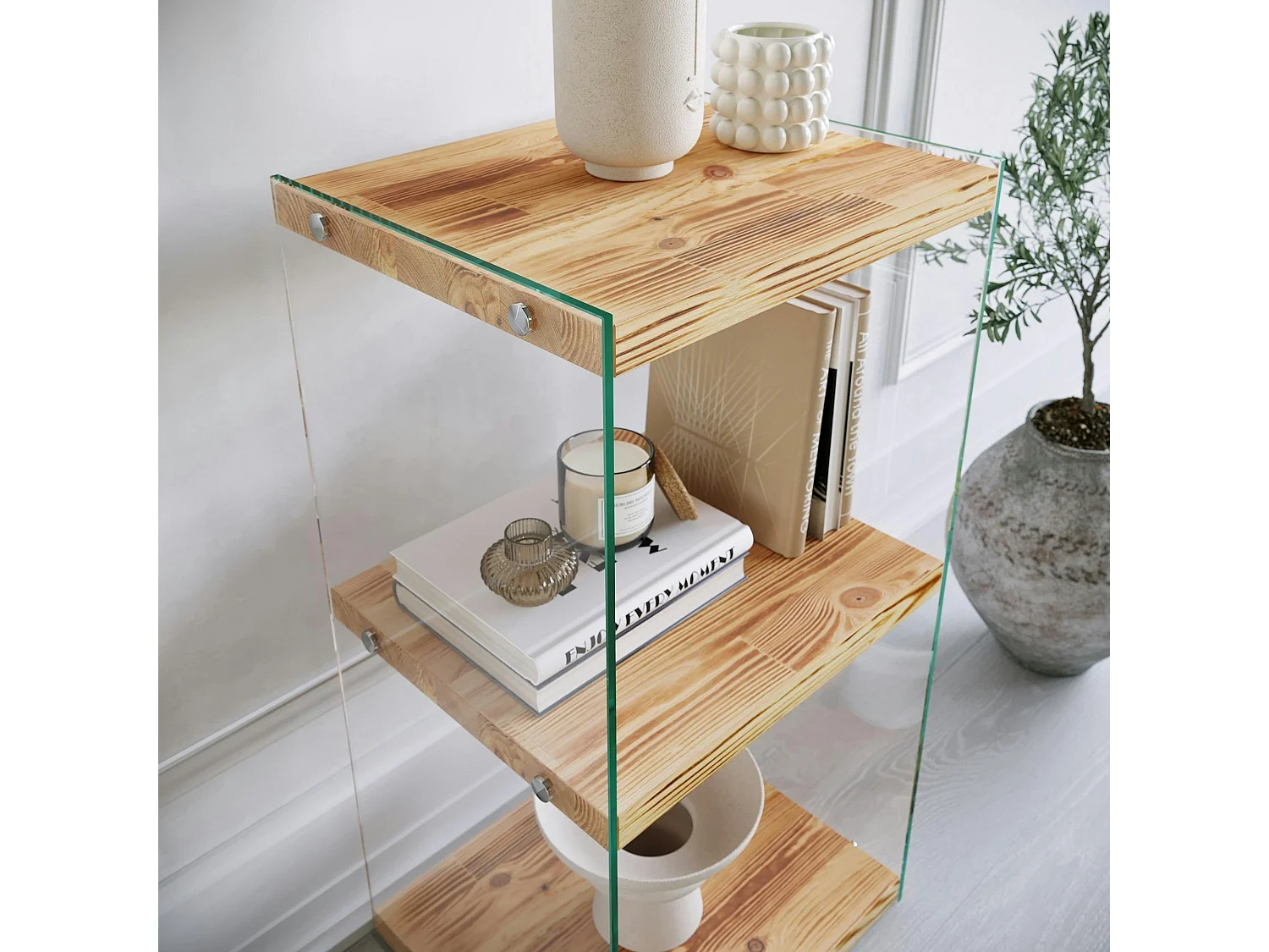 Colonne vitrine design - bois clair, 3 plateaux LHASA