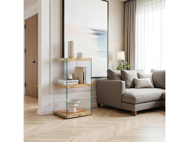 Colonne vitrine design - bois clair, 3 plateaux LHASA