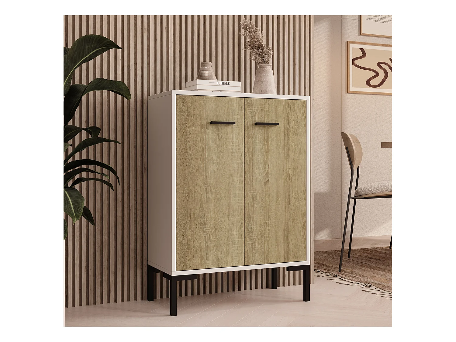 Bahut Buffet bas pour Salon Salle à manger en Blanc et Sonoma 60x30x84cm Lander L15