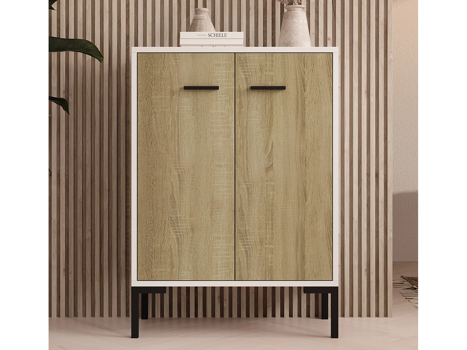 Bahut Buffet bas pour Salon Salle à manger en Blanc et Sonoma 60x30x84cm Lander L15