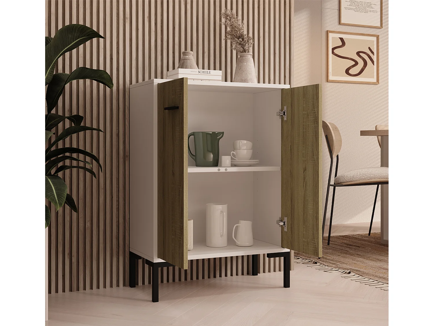 Bahut Buffet bas pour Salon Salle à manger en Blanc et Sonoma 60x30x84cm Lander L15