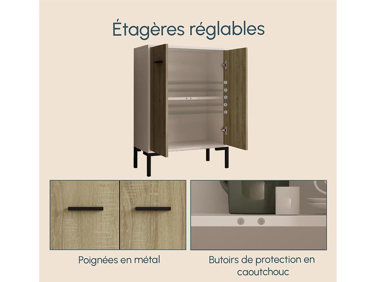 Bahut Buffet bas pour Salon Salle à manger en Blanc et Sonoma 60x30x84cm Lander L15