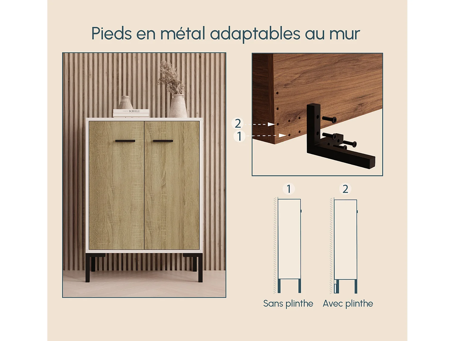 Bahut Buffet bas pour Salon Salle à manger en Blanc et Sonoma 60x30x84cm Lander L15