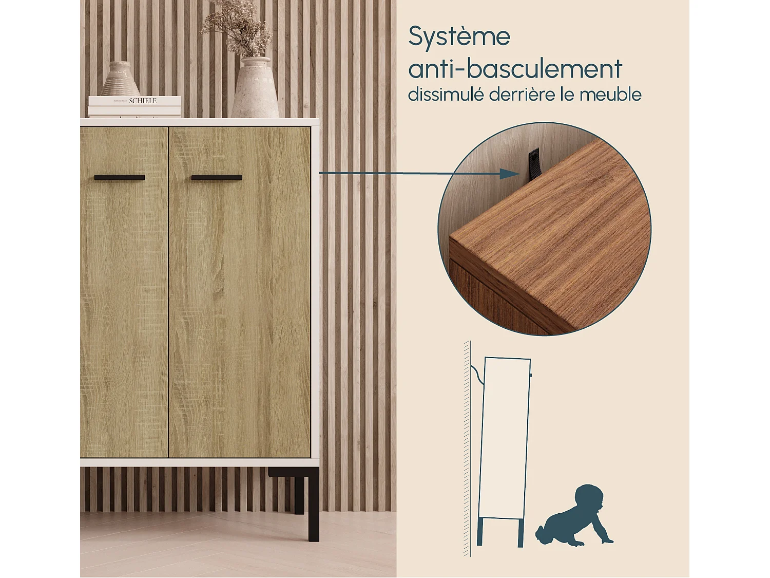 Bahut Buffet bas pour Salon Salle à manger en Blanc et Sonoma 60x30x84cm Lander L15