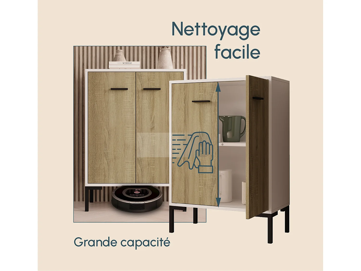 Bahut Buffet bas pour Salon Salle à manger en Blanc et Sonoma 60x30x84cm Lander L15