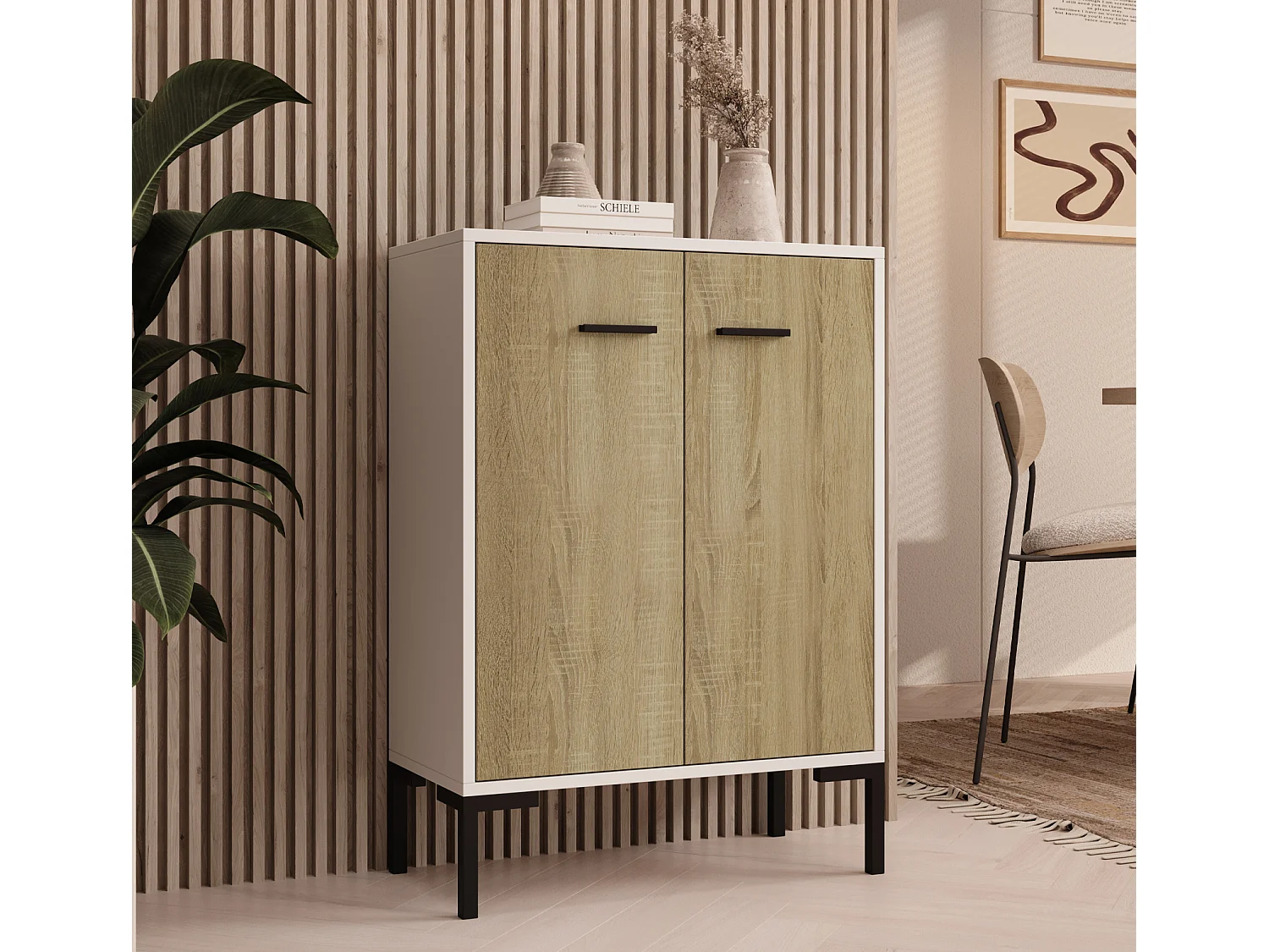 Bahut Buffet bas pour Salon Salle à manger en Blanc et Sonoma 60x30x84cm Lander L15