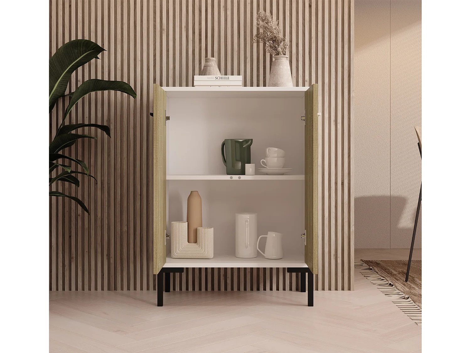Bahut Buffet bas pour Salon Salle à manger en Blanc et Sonoma 60x30x84cm Lander L15