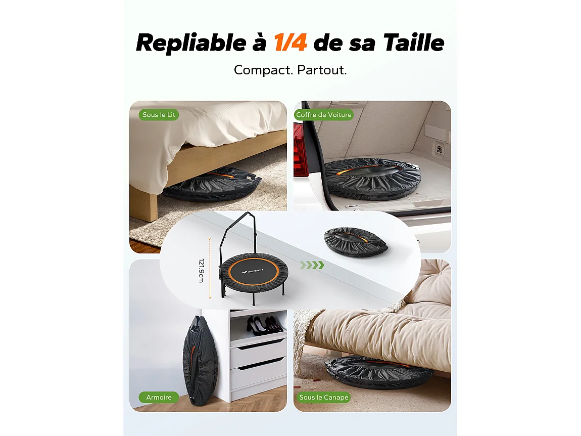 Klappbares Fitness-Trampolin Ø102 cm – Bungee-Rebounder, leise & robust, bis 150 kg, Indoor/Outdoor, ideal für Erwachsene & Kinder, mit Griff