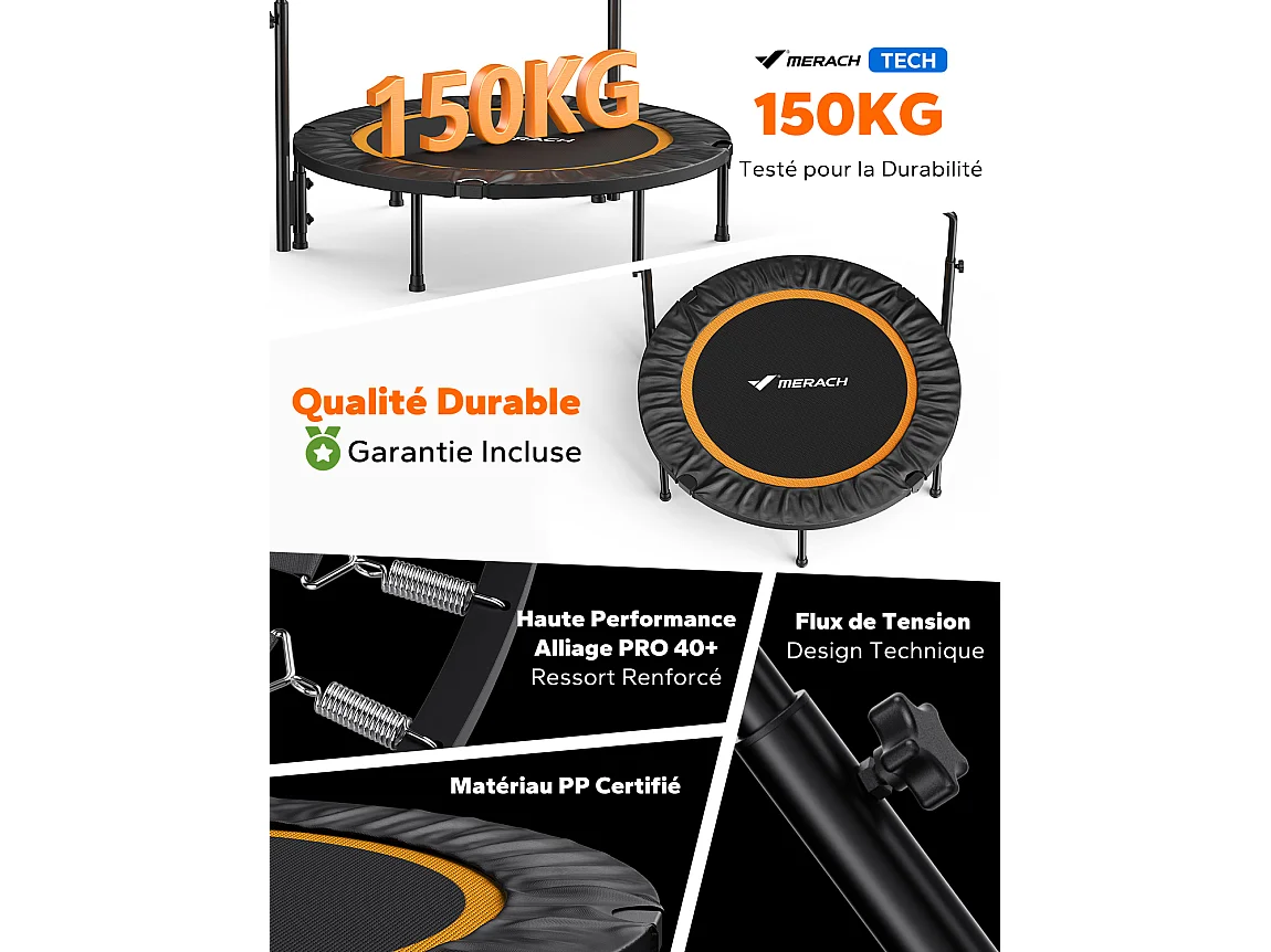 Trampoline Fitness Noir, MERACH, 102 cm, Pliable pour Enfants/Adultes, Intérieur/Extérieur, Charge Max 150 kg, avec Poignées Réglables