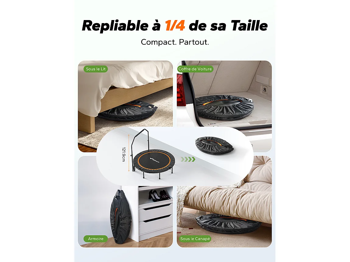 Trampoline Fitness Noir, MERACH, 122 cm, Pliable pour Enfants/Adultes, Intérieur/Extérieur, Charge Max 150 kg, avec Poignées Réglables