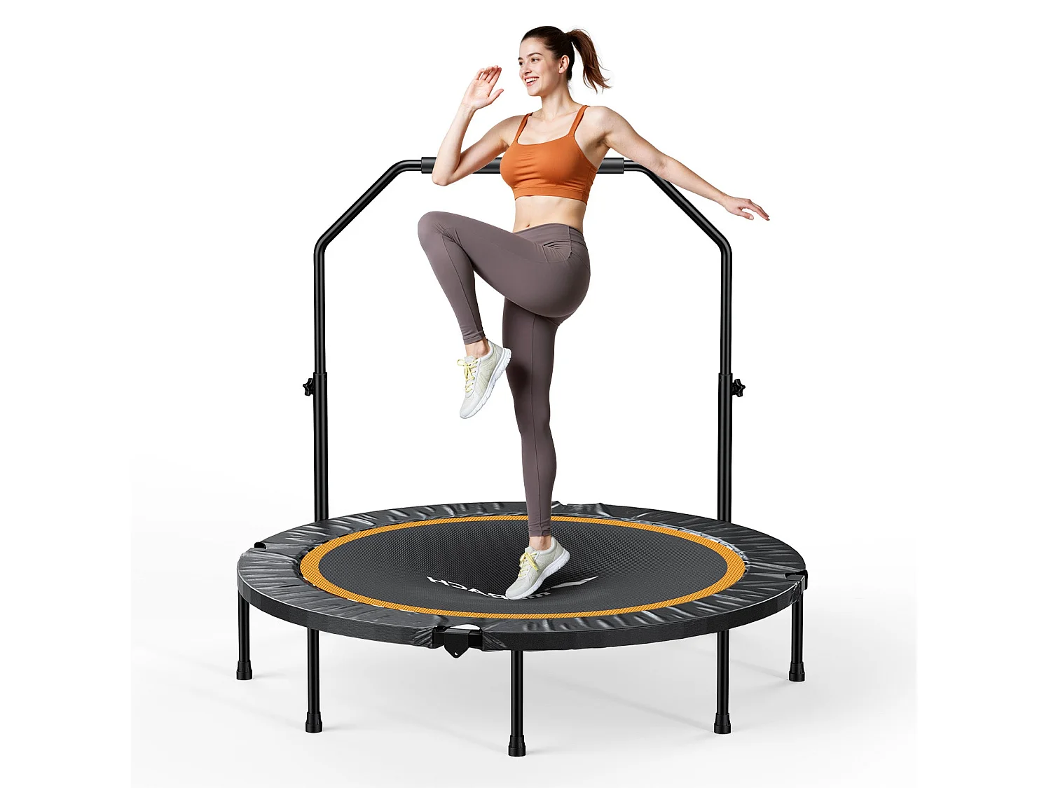Trampolino fitness nero, MERACH, 122 cm, pieghevole per bambini/adulti, interno/esterno, carico max 150 kg, con maniglie regolabili