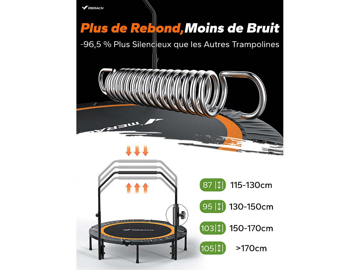 Trampolino fitness nero, MERACH, 122 cm, pieghevole per bambini/adulti, interno/esterno, carico max 150 kg, con maniglie regolabili