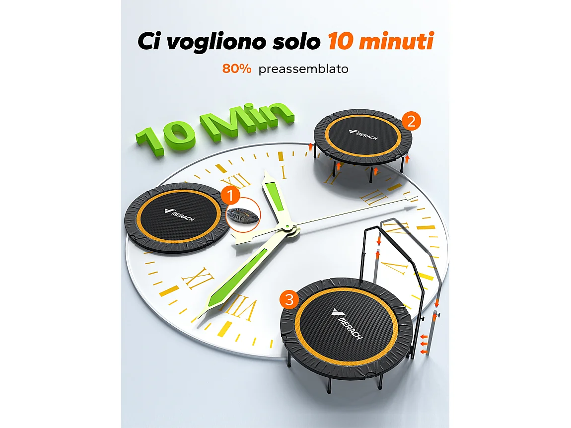 Trampolino fitness nero, MERACH, 122 cm, pieghevole per bambini/adulti, interno/esterno, carico max 150 kg, con maniglie regolabili