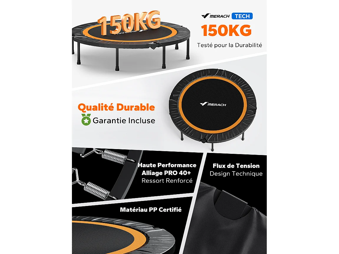 Trampoline Fitness Noir, MERACH, 122 cm, Pliable pour Enfants/Adultes, Intérieur/Extérieur, Charge Max 150 kg