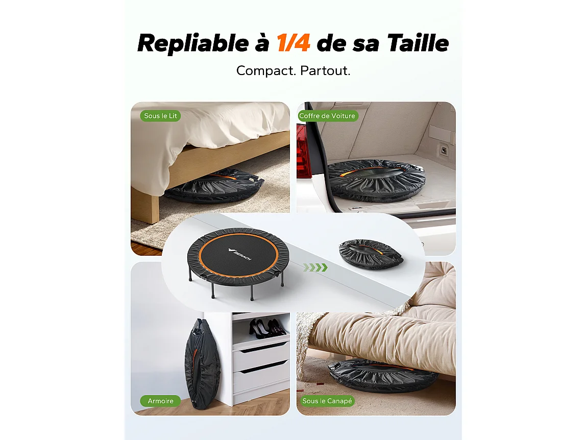 Trampoline Fitness Noir, MERACH, 122 cm, Pliable pour Enfants/Adultes, Intérieur/Extérieur, Charge Max 150 kg