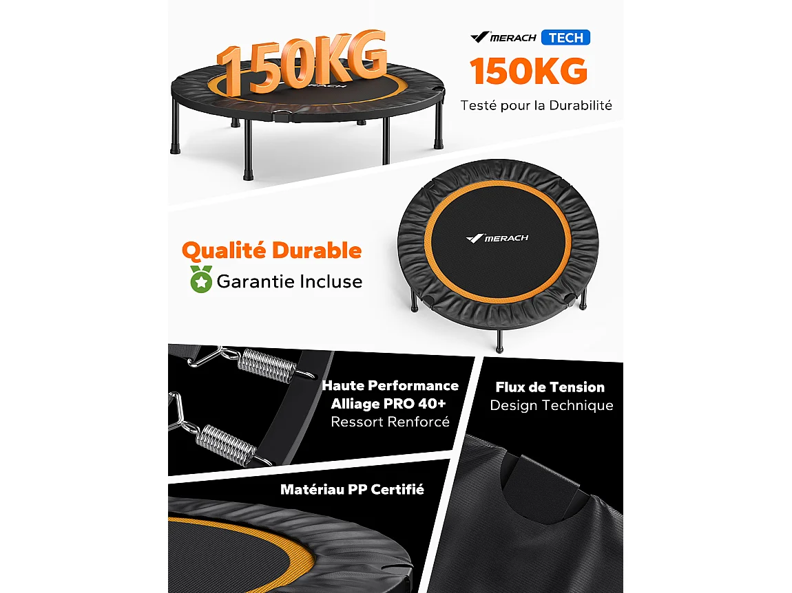 Klappbares Fitness-Trampolin Ø102 cm – Bungee-Rebounder, leise & robust, bis 150 kg, Indoor/Outdoor, ideal für Erwachsene & Kinder, Ohne Griff