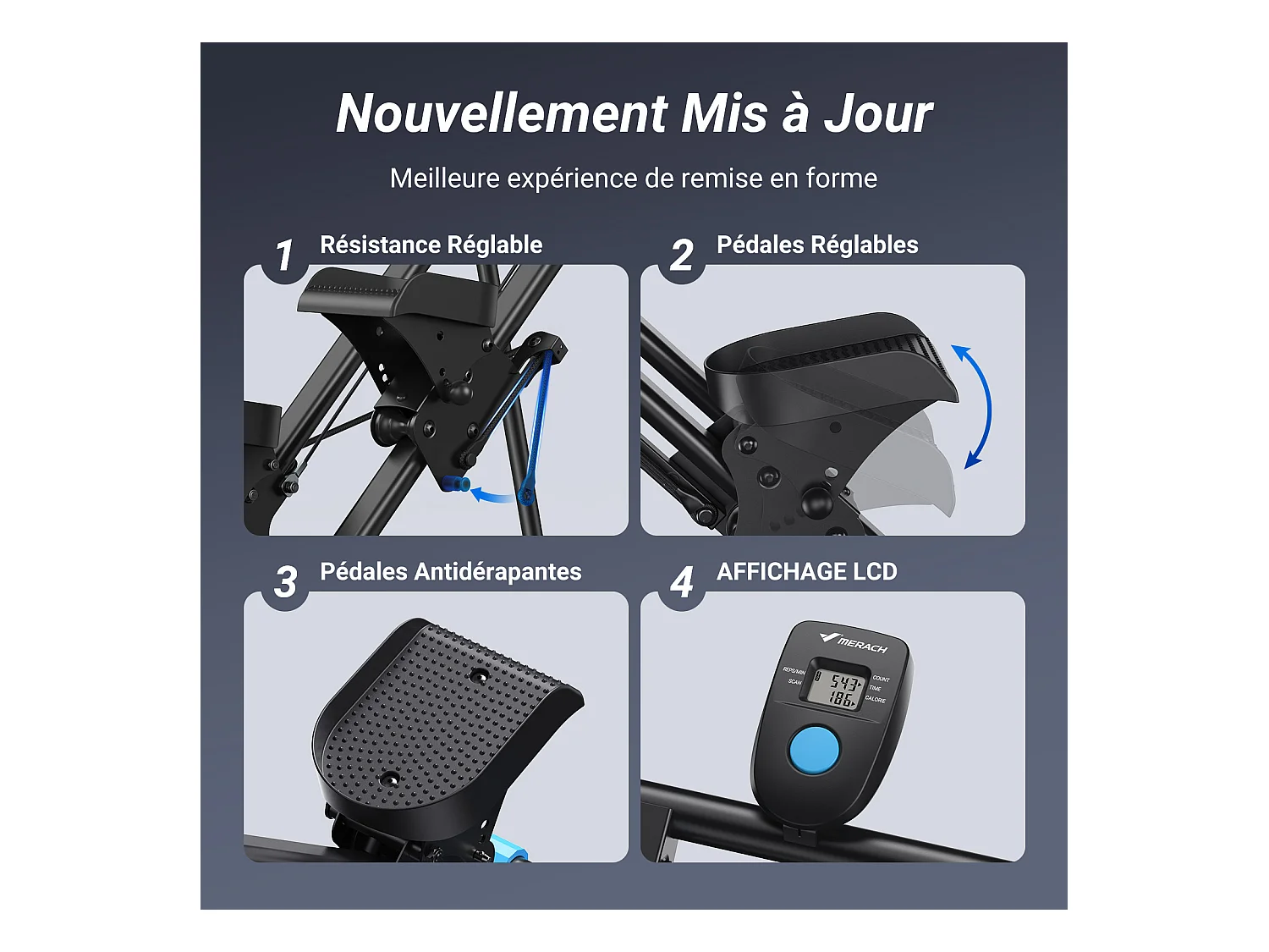 Stepper escalier pliable vertical MERACH, avec résistance réglable à 2 niveaux, pédales ajustables à 3 positions, écran LCD, 136 kg