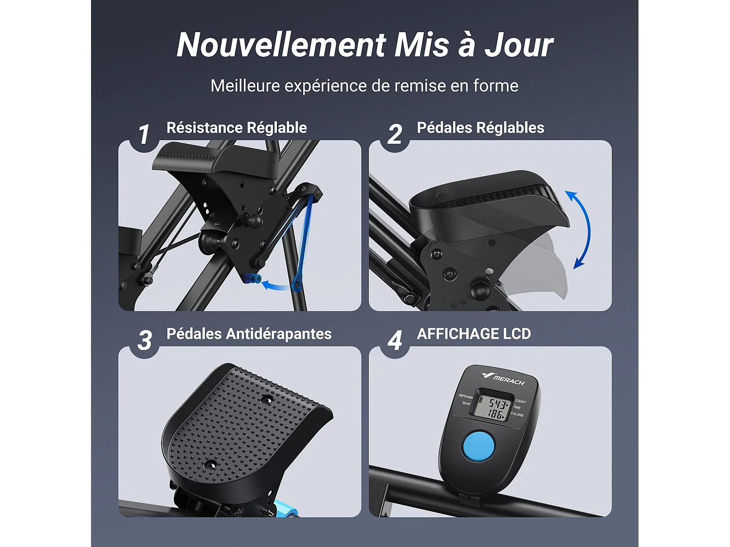 Stepper scala pieghevole verticale MERACH, con resistenza regolabile a 2 livelli, pedali regolabili su 3 posizioni, schermo LCD, 136 kg