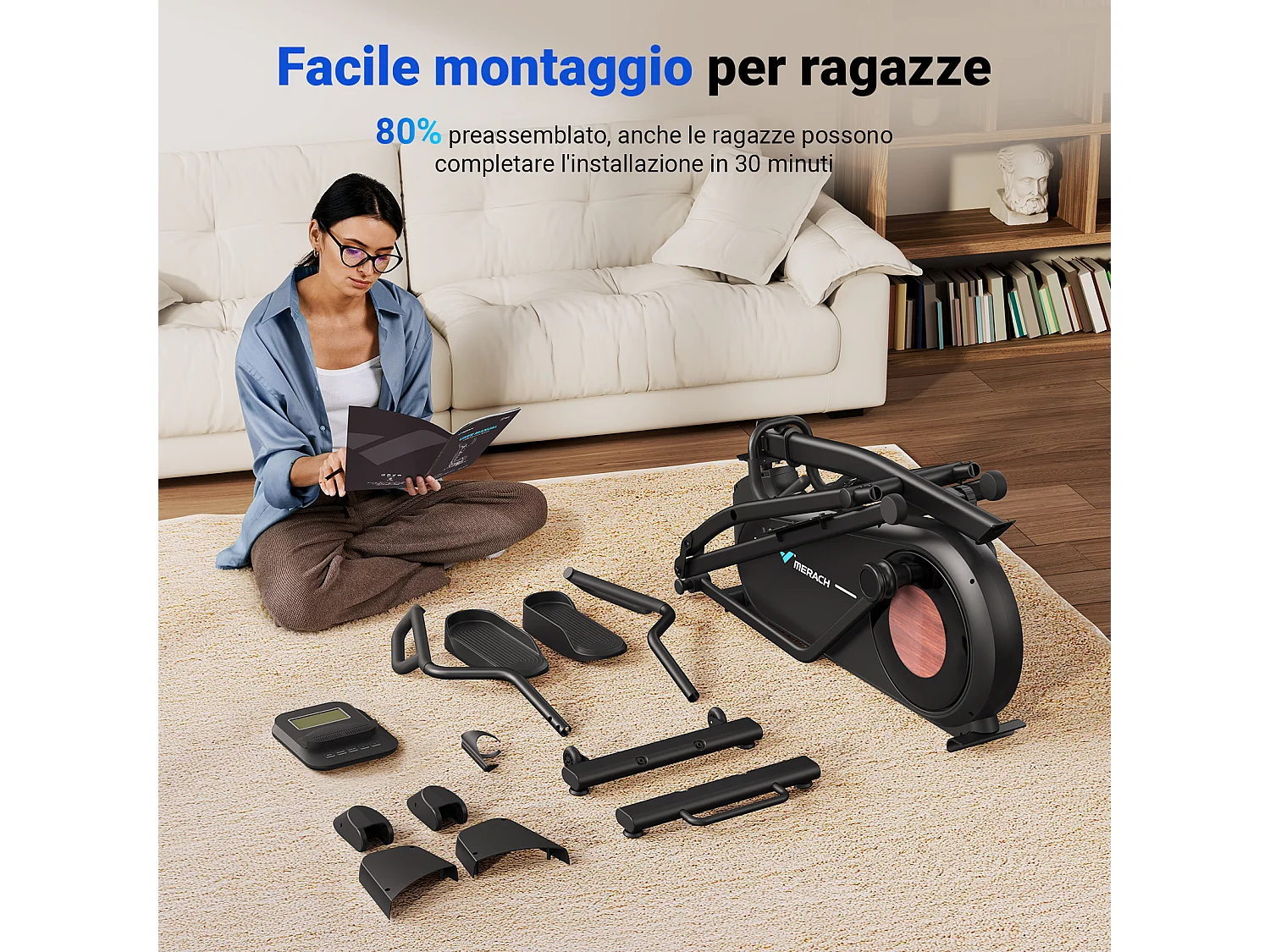 Cyclette ellittica - Merach, per casa, 8 livelli di resistenza, regolazione manuale, con monitor, app connessa