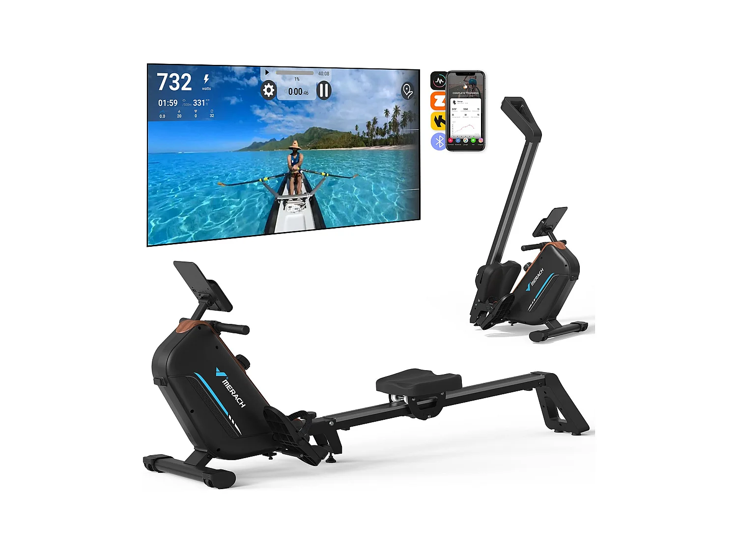 Rameur d'appartement magnétique, Merach, Bluetooth, App Connectée, Écran LCD, Support Tablette, Pliable, 16 Niveaux de Résistance, Max Charge 155 Kg