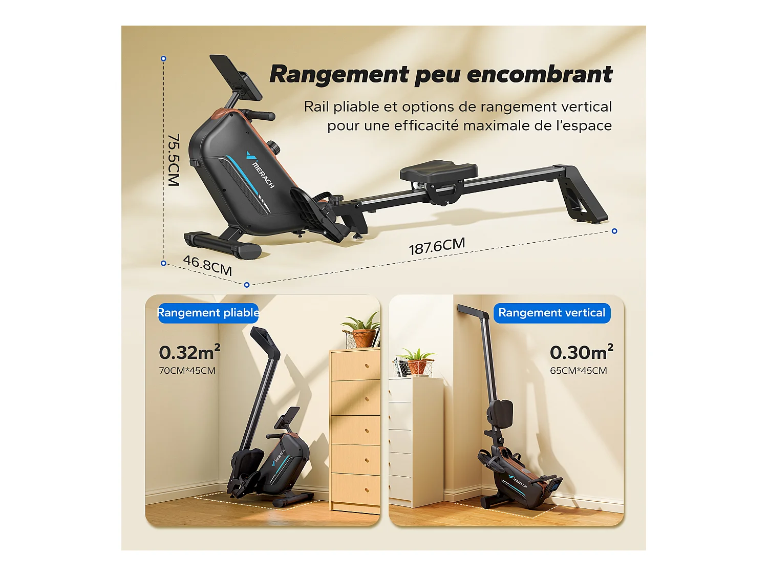 Rameur d'appartement magnétique, Merach, Bluetooth, App Connectée, Écran LCD, Support Tablette, Pliable, 16 Niveaux de Résistance, Max Charge 155 Kg