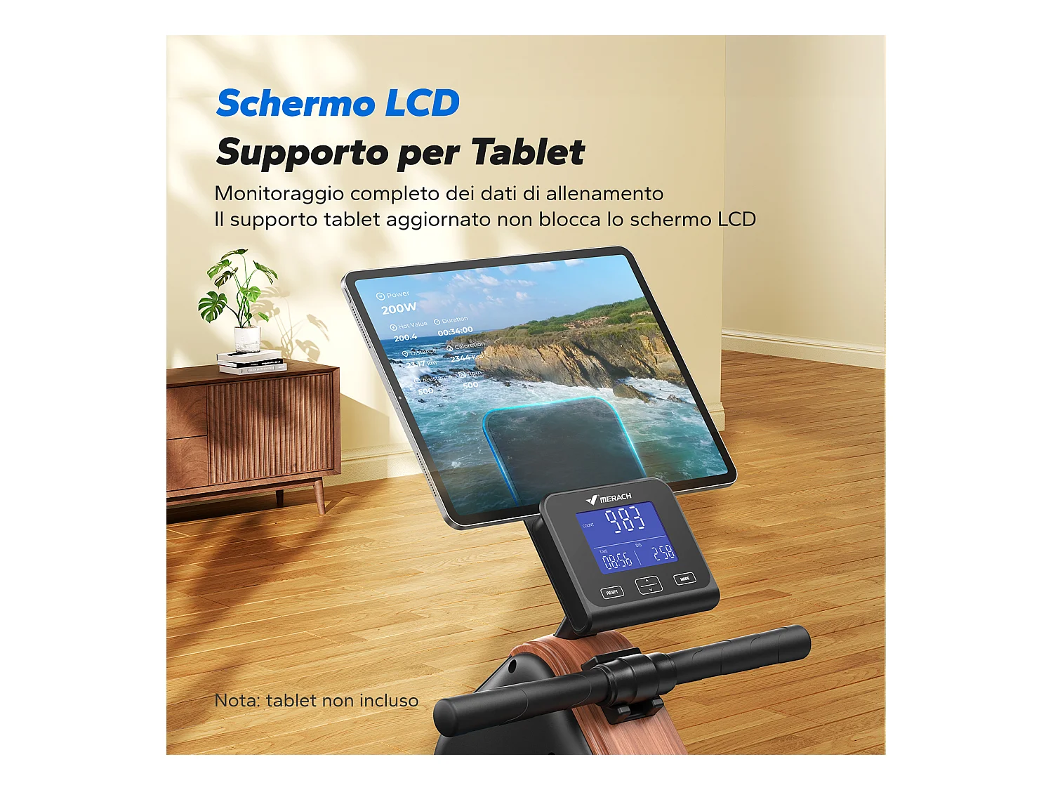 Rameur d'appartement magnétique, Merach, Bluetooth, App Connectée, Écran LCD, Support Tablette, Pliable, 16 Niveaux de Résistance, Max Charge 155 Kg