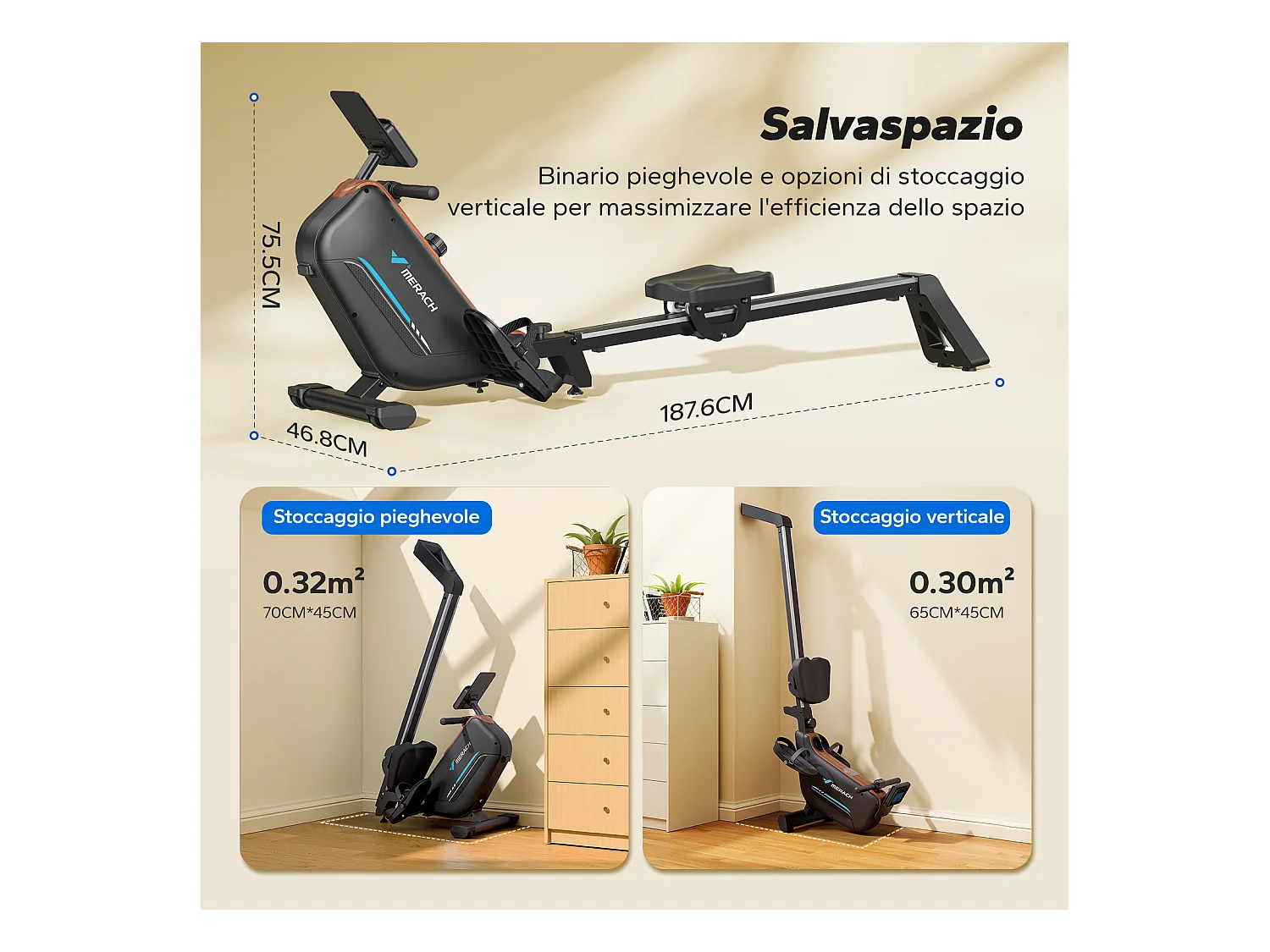 Rameur d'appartement magnétique, Merach, Bluetooth, App Connectée, Écran LCD, Support Tablette, Pliable, 16 Niveaux de Résistance, Max Charge 155 Kg