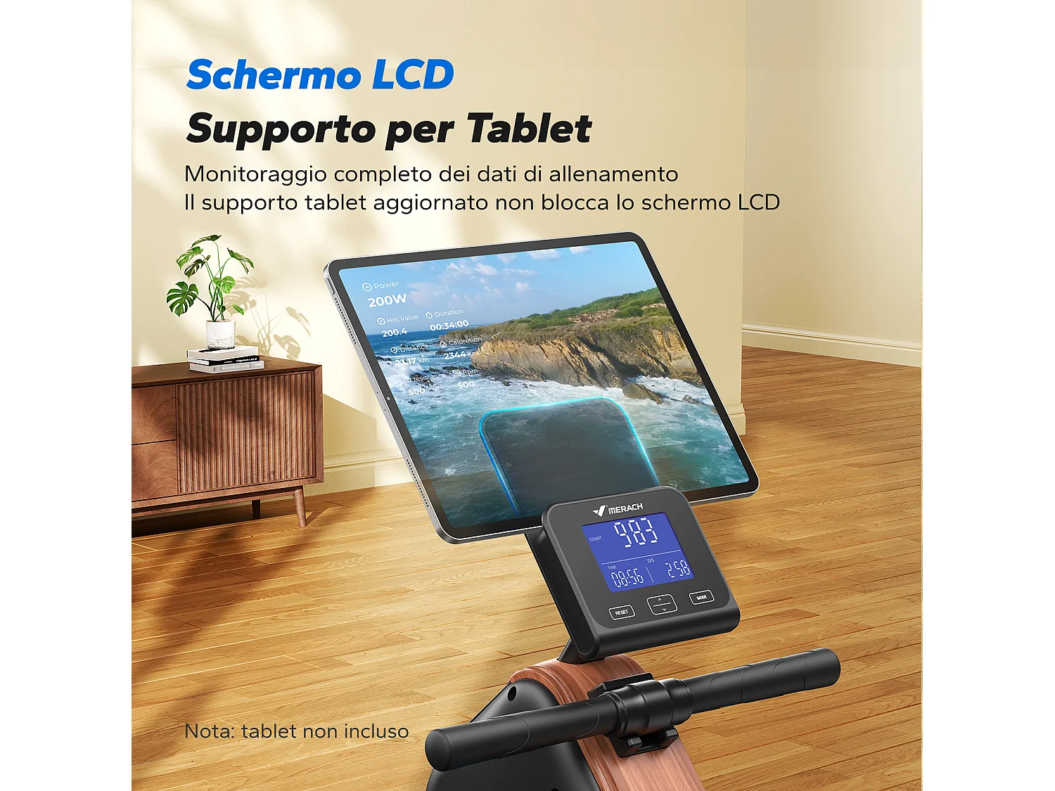 Vogatore magnetico Merach, Bluetooth, app connessa, schermo LCD, supporto tablet, pieghevole, 16 livelli di resistenza, max carico 155 kg