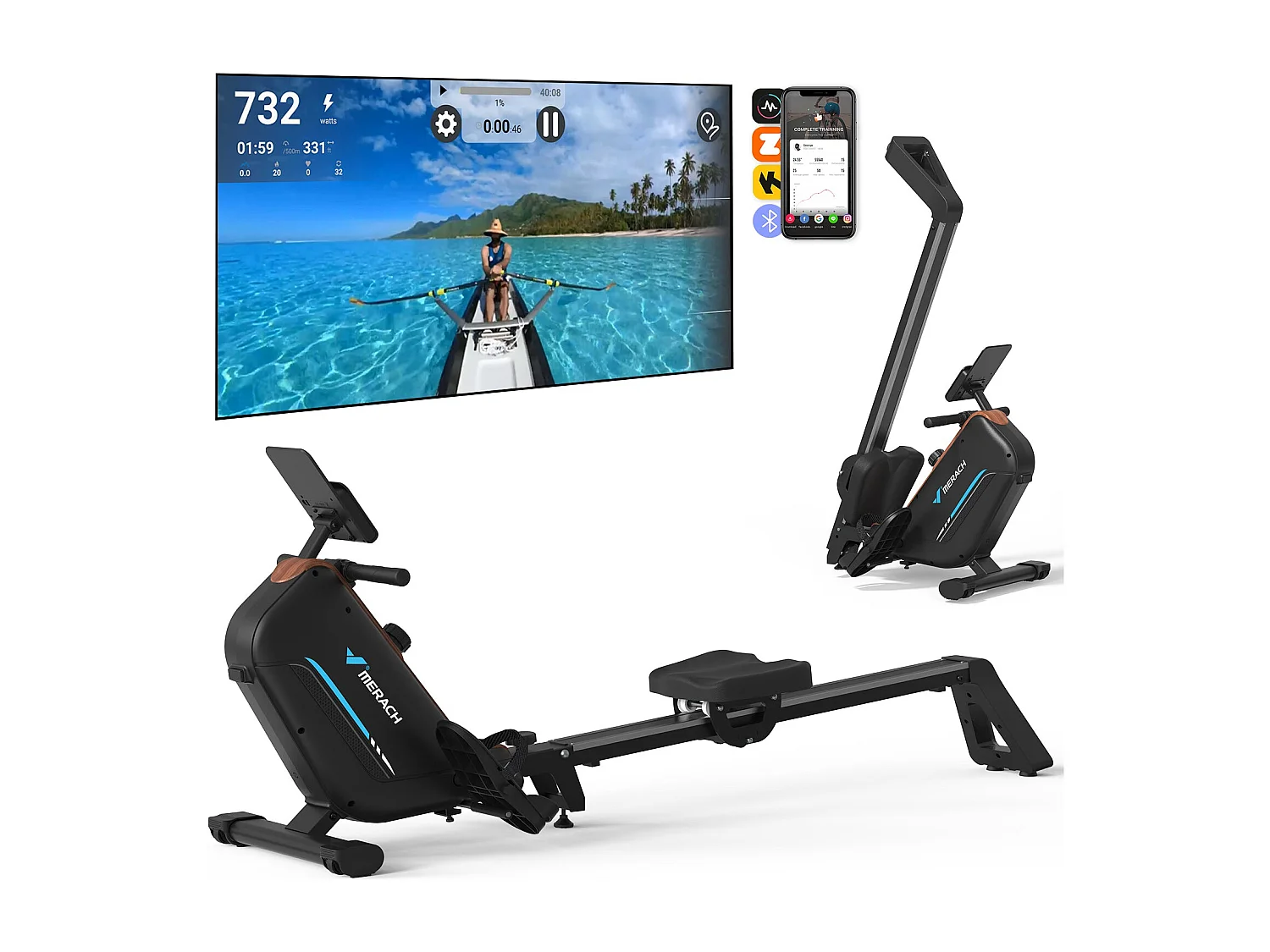 MERACH Roeimachine voor thuis - Inklapbaar Roeitrainer met 16 weerstandsniveaus - Bluetooth/APP/LCD - Stille werking - Snelle montage - Tot 158 kg