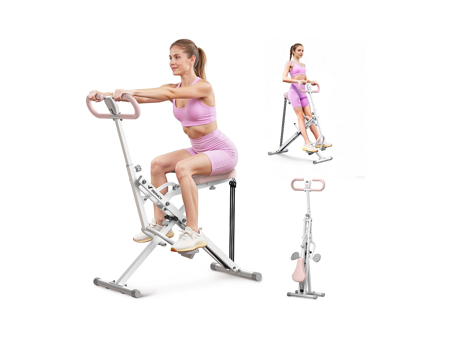 Appareil de Fitness MERACH, Type Équitation, Résistance Réglable, Écran LCD, Charge 160kg, Pliable, Pour Abdos/Jambes/Dos, Blanc