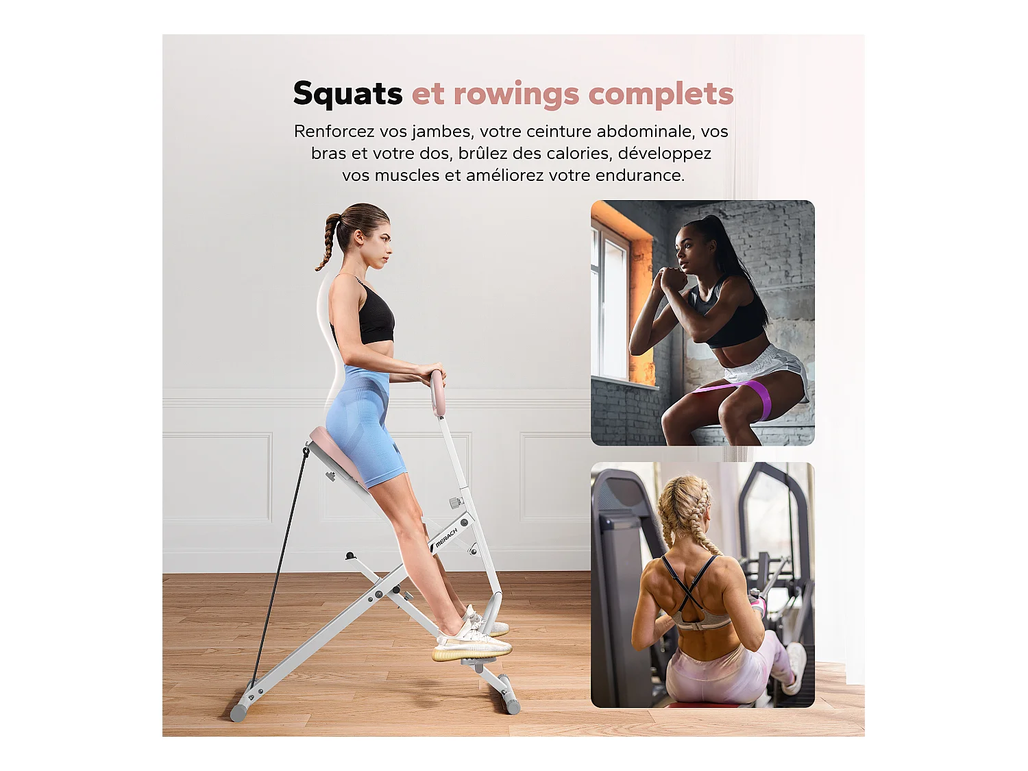 Appareil de Fitness MERACH, Type Équitation, Résistance Réglable, Écran LCD, Charge 160kg, Pliable, Pour Abdos/Jambes/Dos, Blanc