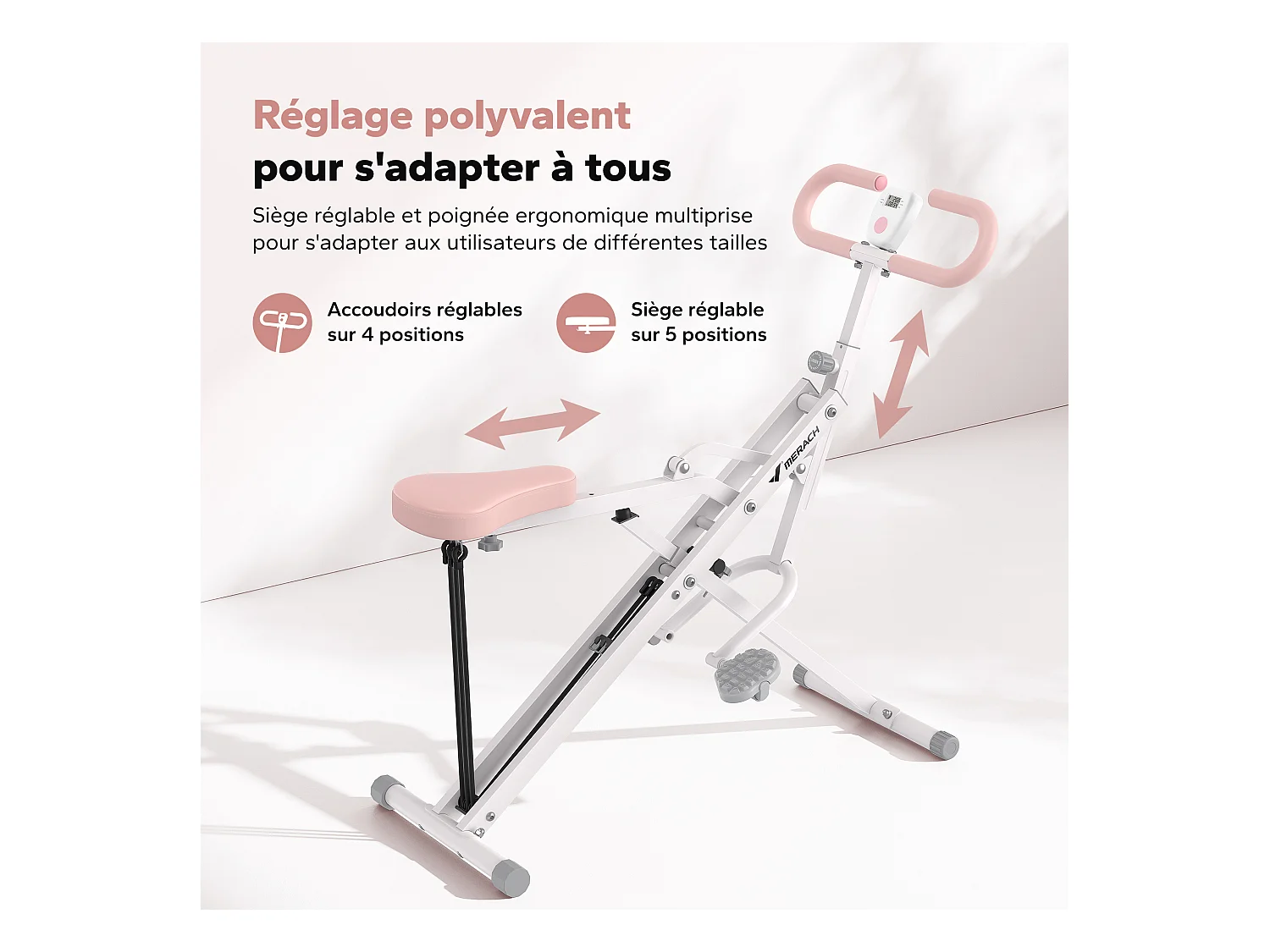 Appareil de Fitness MERACH, Type Équitation, Résistance Réglable, Écran LCD, Charge 160kg, Pliable, Pour Abdos/Jambes/Dos, Blanc