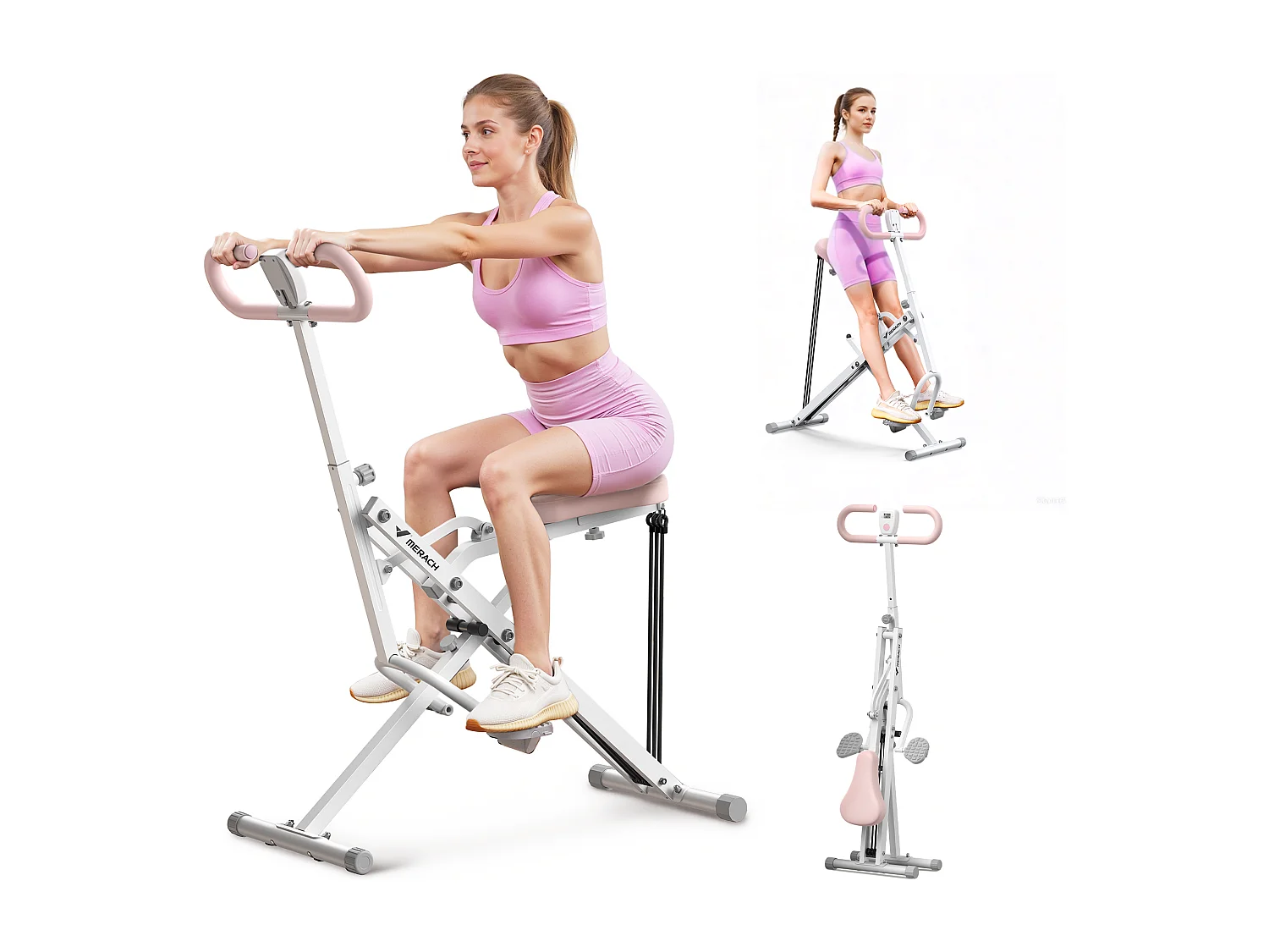 Appareil de Fitness MERACH, Type Équitation, Résistance Réglable, Écran LCD, Charge 160kg, Pliable, Pour Abdos/Jambes/Dos, Blanc