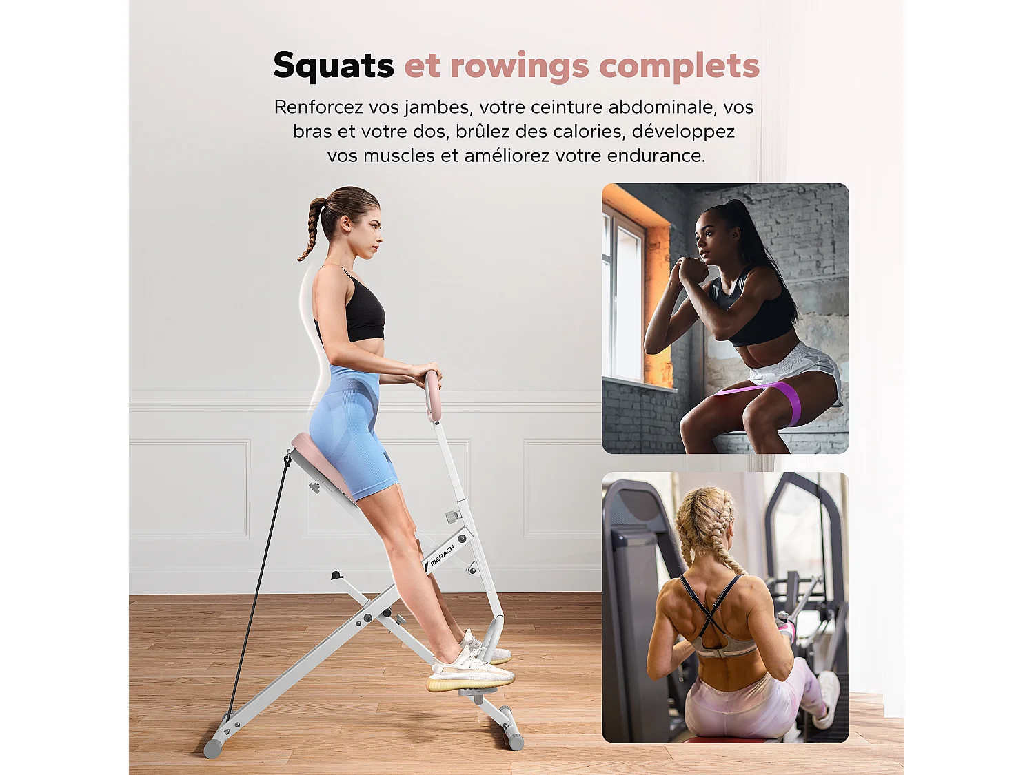 Appareil de Fitness MERACH, Type Équitation, Résistance Réglable, Écran LCD, Charge 160kg, Pliable, Pour Abdos/Jambes/Dos, Blanc