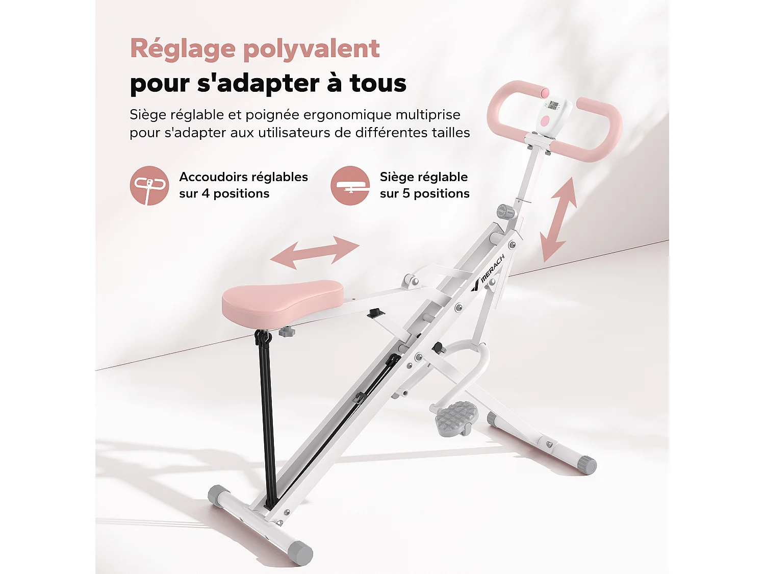 Appareil de Fitness MERACH, Type Équitation, Résistance Réglable, Écran LCD, Charge 160kg, Pliable, Pour Abdos/Jambes/Dos, Blanc