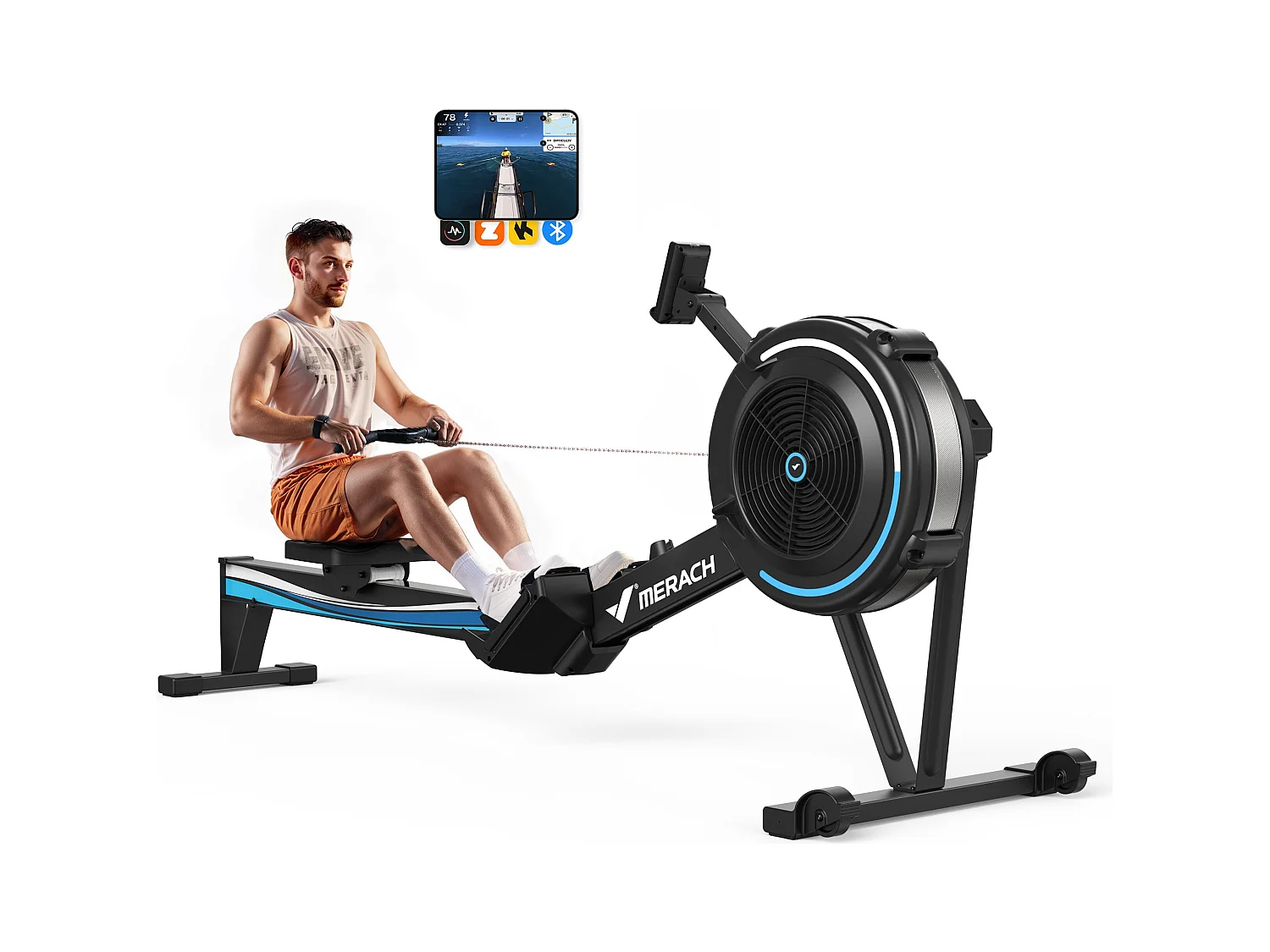 Rameur à Air MERACH, 10 Niveaux de Résistance, Compatible App, Support téléphone, Usage régulier, Facile à Ranger, Silencieux