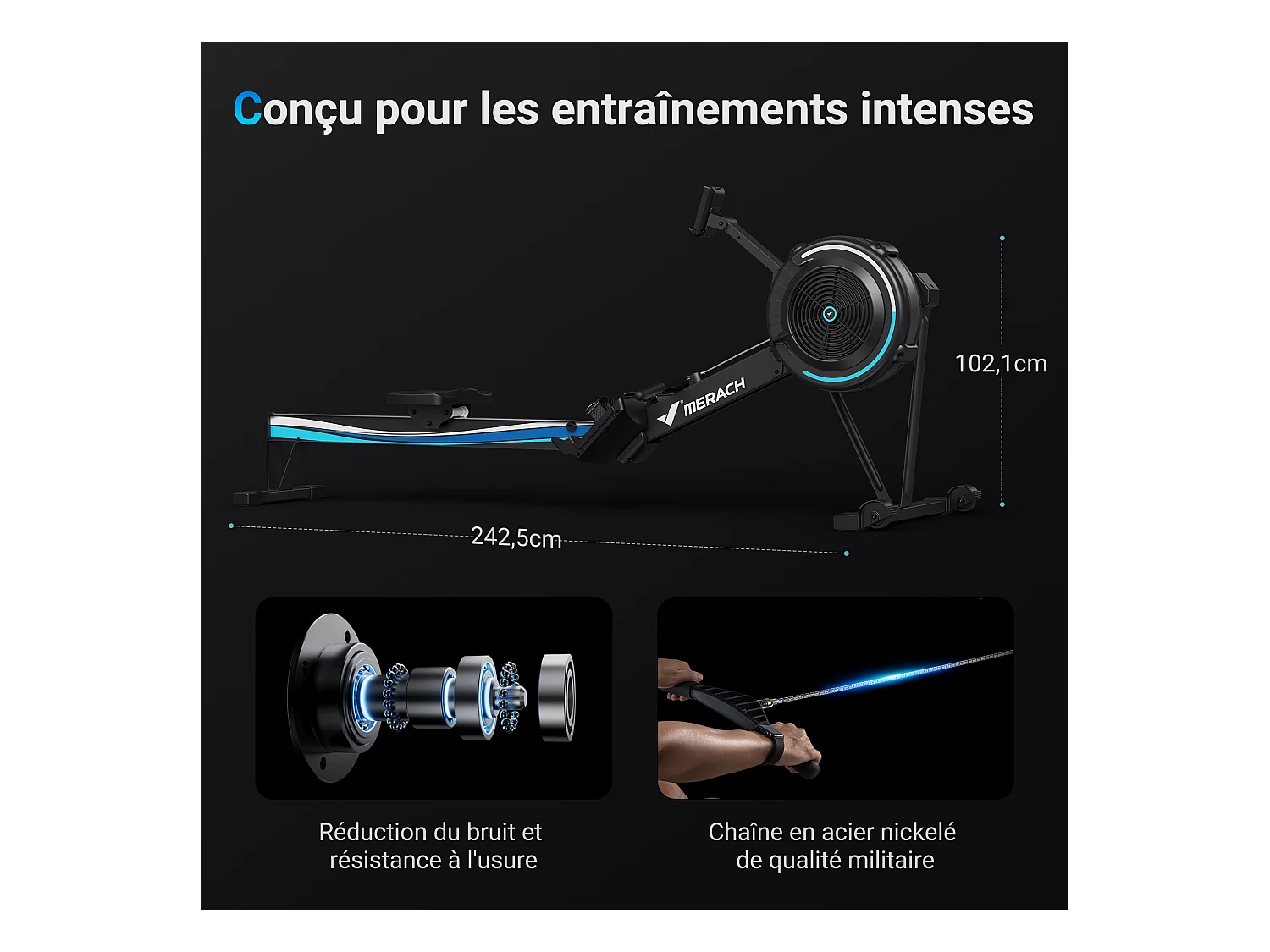 Rameur à Air MERACH, 10 Niveaux de Résistance, Compatible App, Support téléphone, Usage régulier, Facile à Ranger, Silencieux