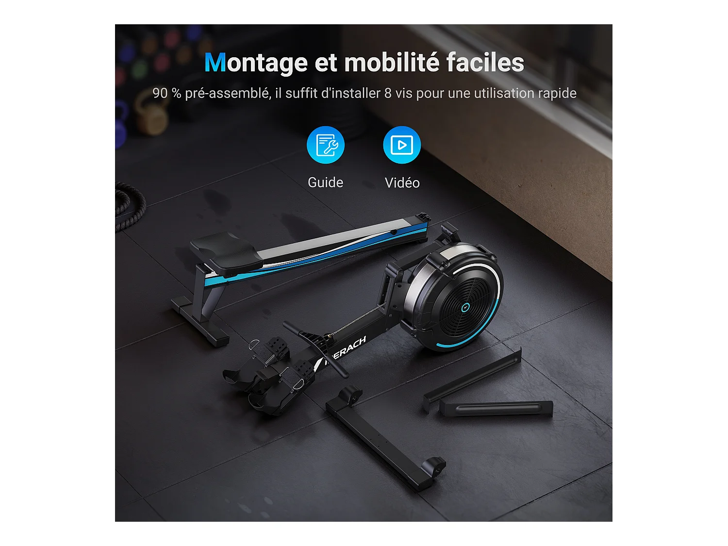 Rameur à Air MERACH, 10 Niveaux de Résistance, Compatible App, Support téléphone, Usage régulier, Facile à Ranger, Silencieux
