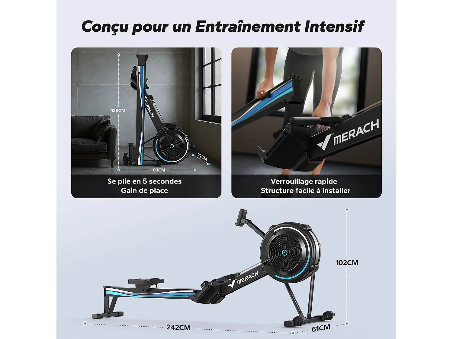 Vogatore ad aria MERACH, 10 livelli di resistenza, muscolazione professionale, facile da riporre, uso domestico, app connessa