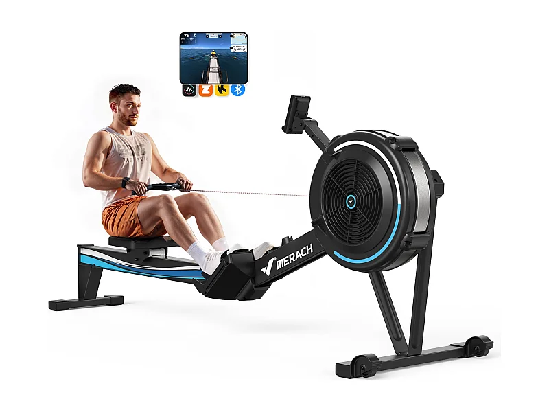 Rameur à Air MERACH, 10 Niveaux de Résistance, Compatible App, Support téléphone, Usage régulier, Facile à Ranger, Silencieux