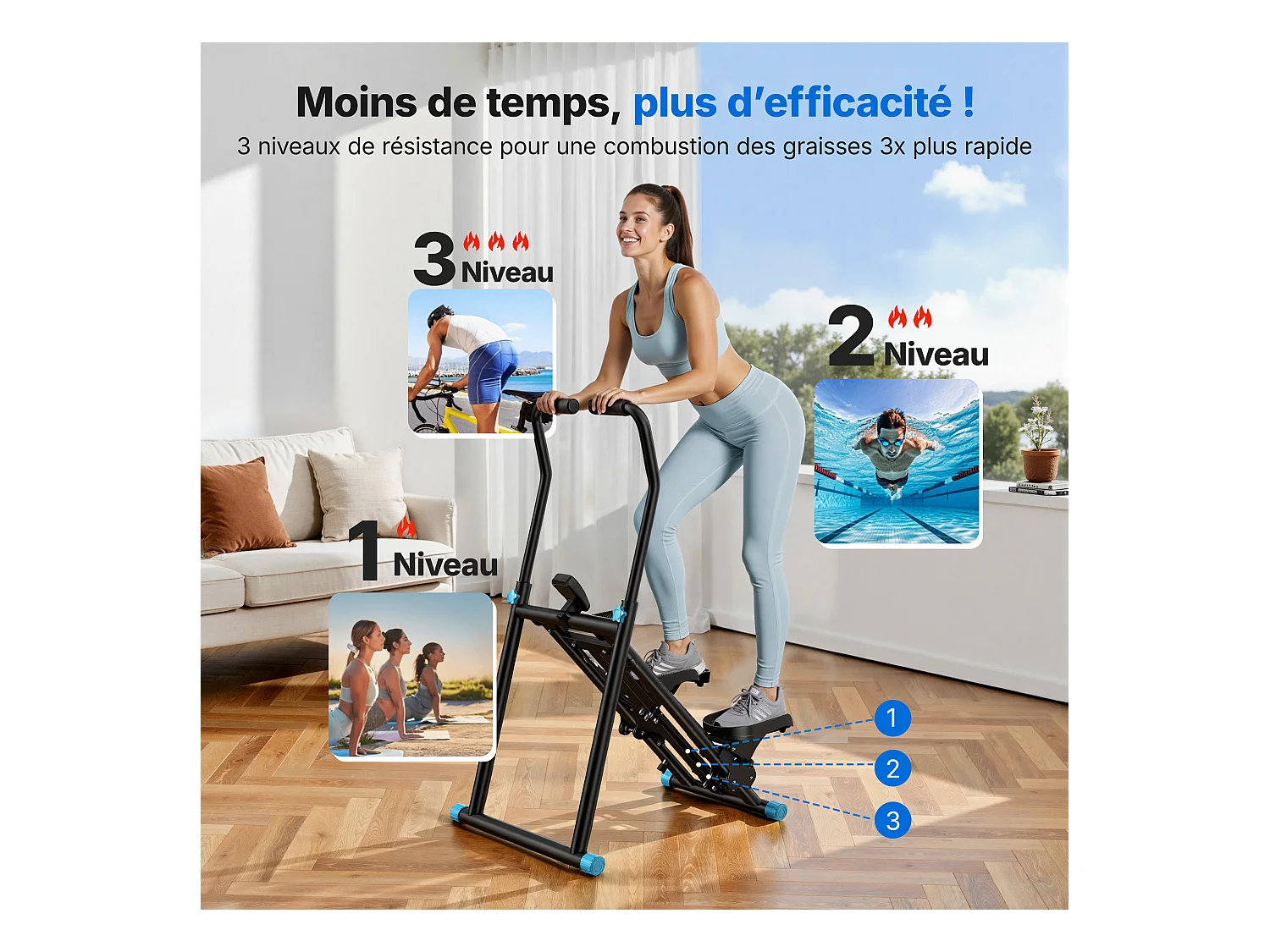 Stepper escalier vertical et pliable MERACH, 3 niveaux de résistance, écran LCD, guidon ajustable, usage domestique, Max 150 kg