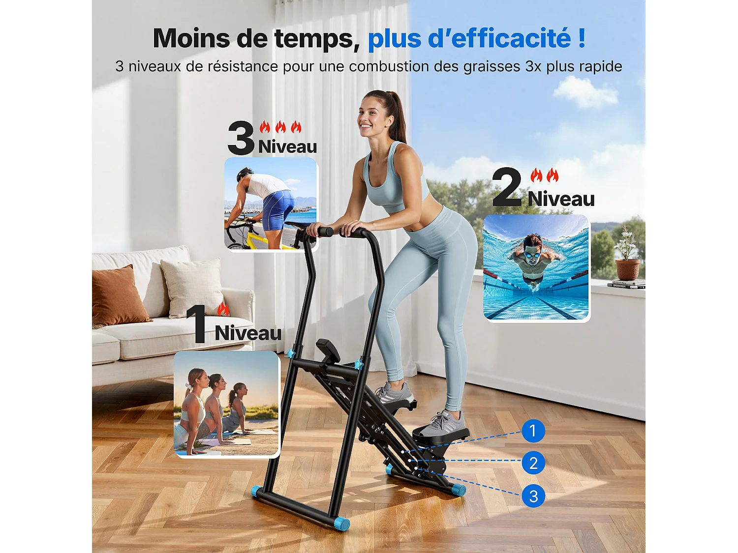 Stepper scala verticale e pieghevole MERACH, 3 livelli di resistenza, schermo LCD, manubrio regolabile, uso domestico, max 150 kg