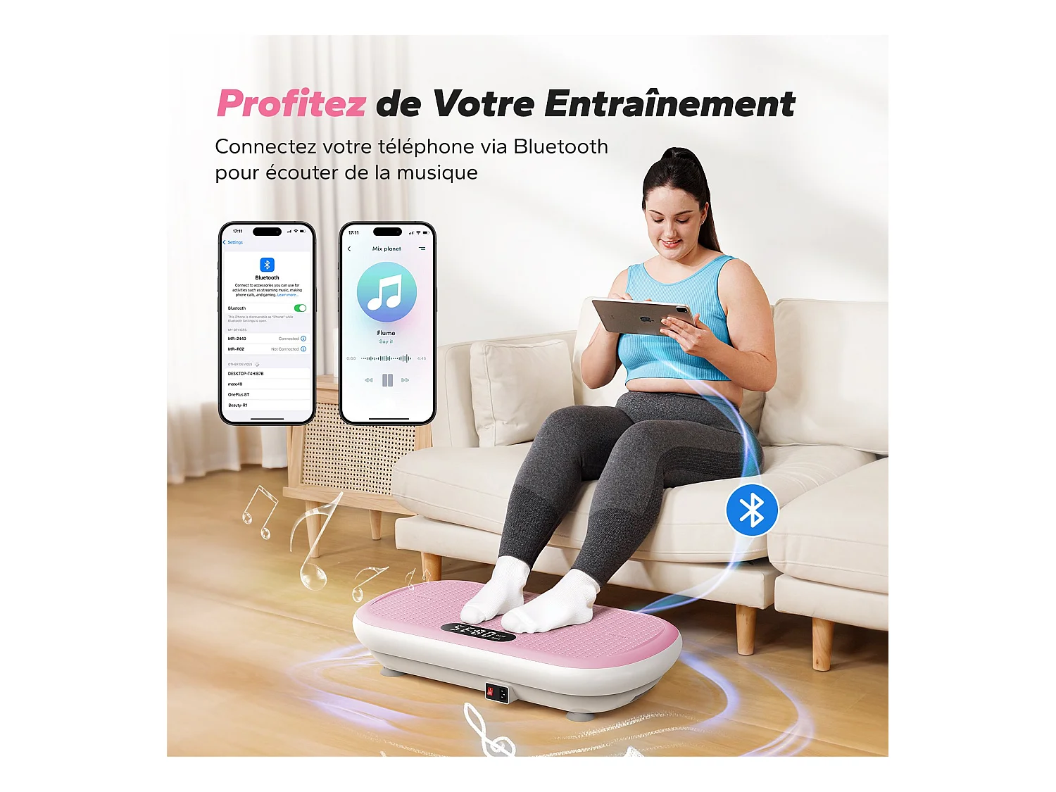 Plateforme Vibrante MERACH, 10 vitesses, 11 programmes, LED, Bluetooth, télécommande, charge max 200 kg
