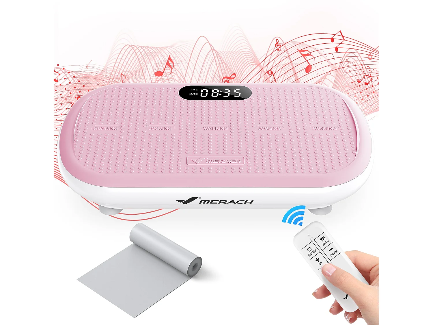 Plataforma vibratoria fitness MERACH mini, rosa, 11 niveles, mando a distancia, pantalla LED, motor silencioso, compacta, 150 kg, maquina de adelgazar