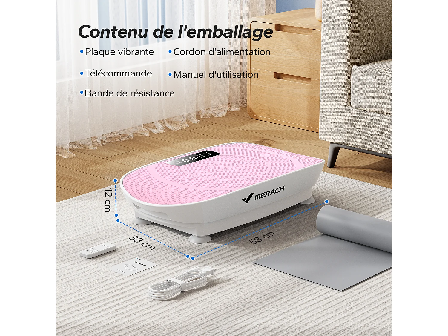 Plataforma vibratoria fitness MERACH mini, rosa, 11 niveles, mando a distancia, pantalla LED, motor silencioso, compacta, 150 kg, maquina de adelgazar