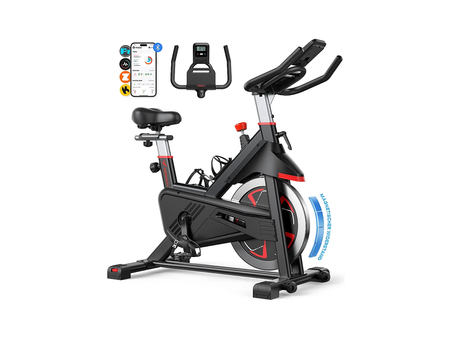 Vélo d'Appartement MERACH, 16 niveaux de Résistance Magnétique, Application Exclusive, Écran LCD, Silencieux, Charge Max 136 kg