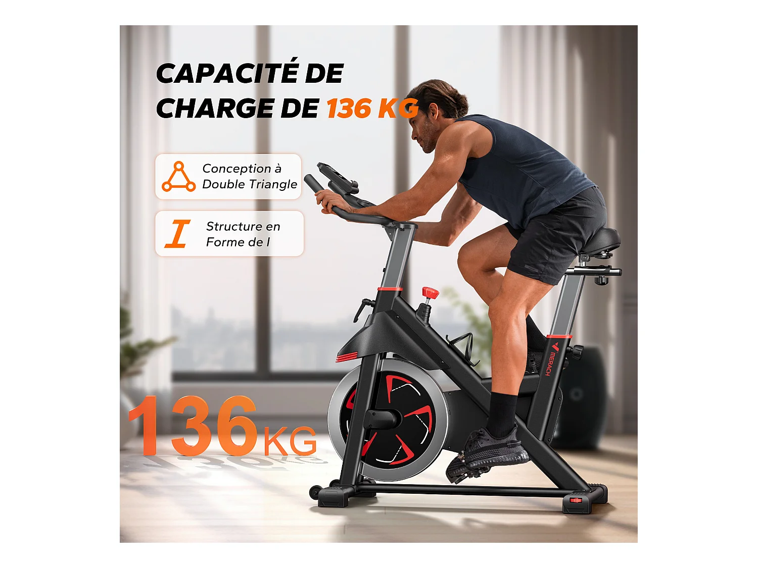 Vélo d'Appartement MERACH, 16 niveaux de Résistance Magnétique, Application Exclusive, Écran LCD, Silencieux, Charge Max 136 kg