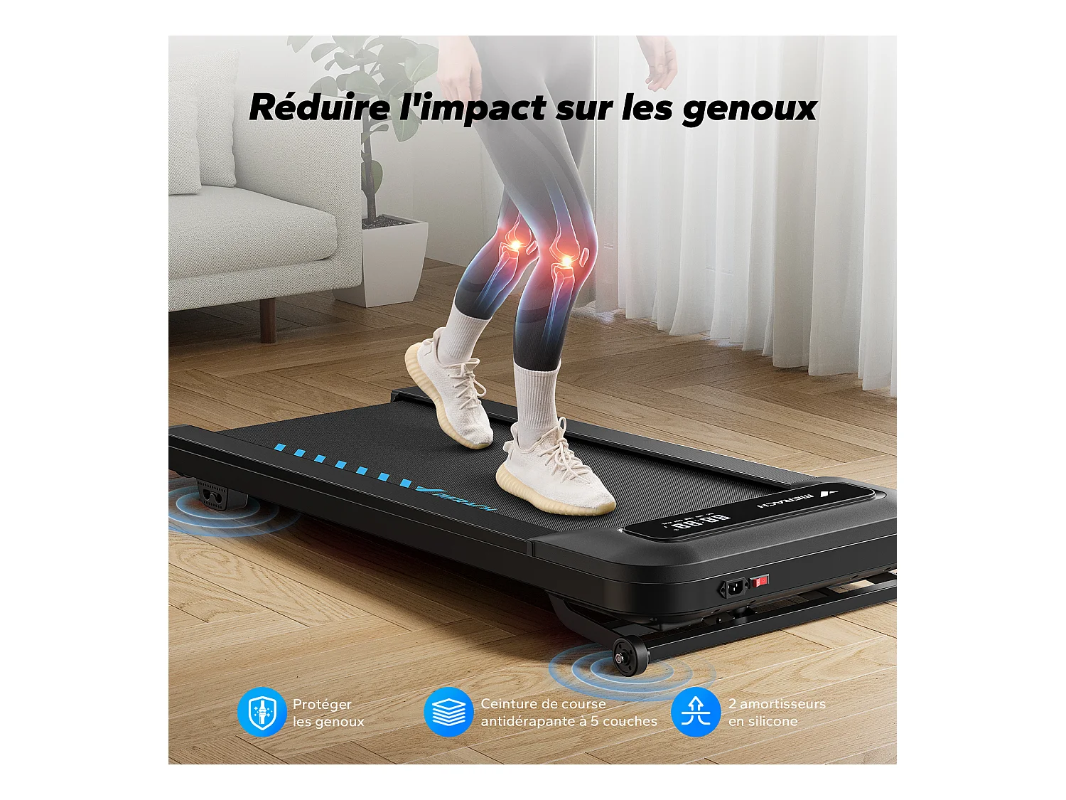Tapis roulant MERACH, 9 livelli, inclinazione 9%, 2,25 CV, 1-6,4 km/h, app connessa, telecomando magnetico, schermo LCD, silenzioso