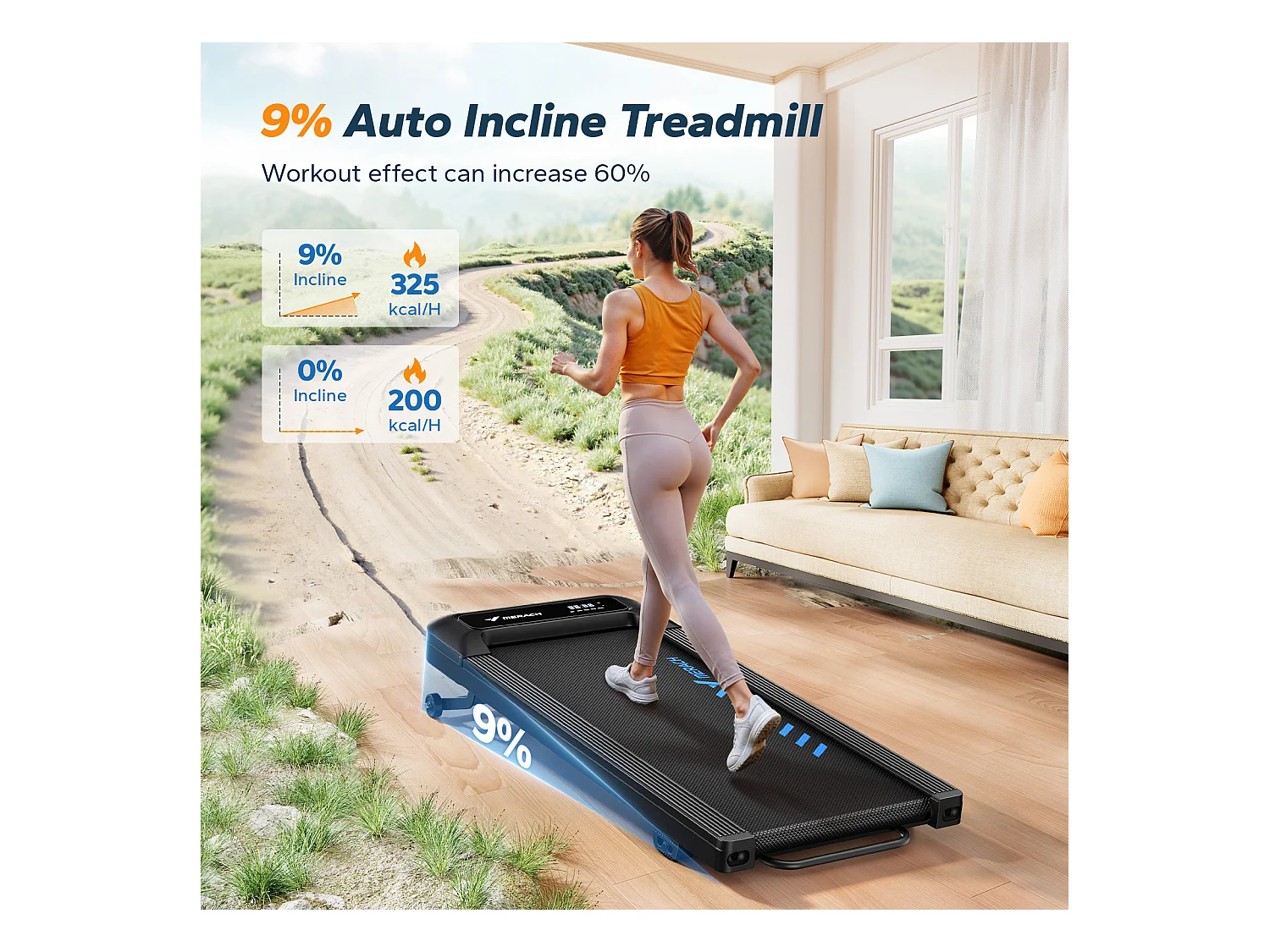 Tapis roulant MERACH, 9 livelli, inclinazione 9%, 2,25 CV, 1-6,4 km/h, app connessa, telecomando magnetico, schermo LCD, silenzioso